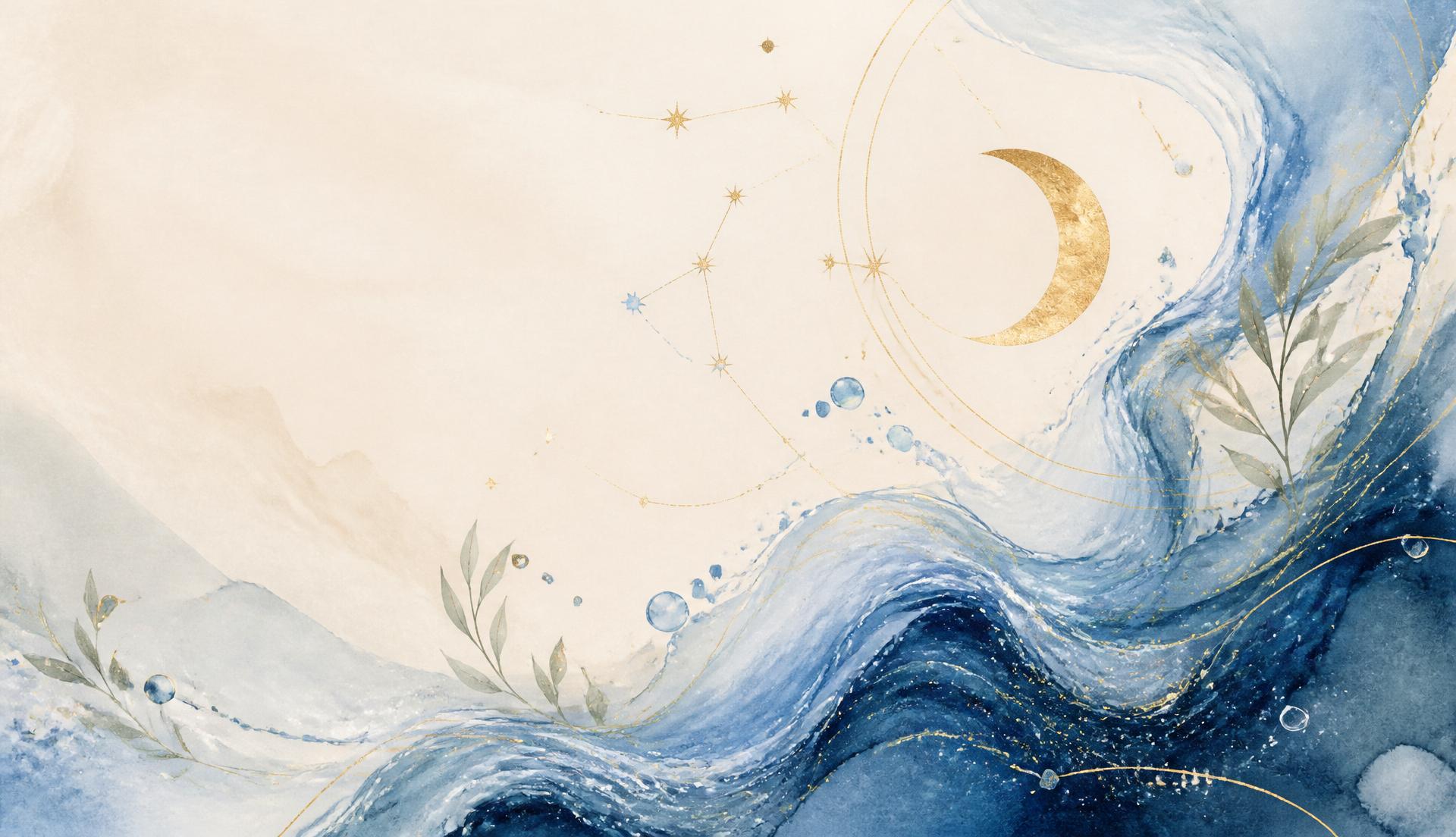 Watercolor waves under a gold crescent moon